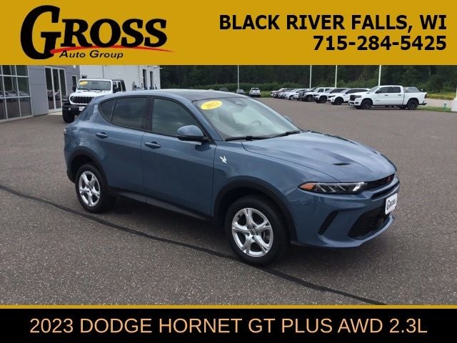 2023 Dodge Hornet GT Plus in Blue Steele — front three-quarter view