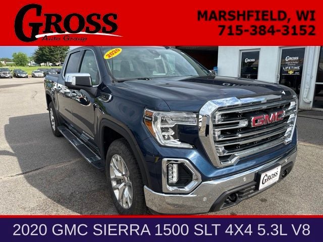 2020 GMC Sierra 1500 SLT in Pacific Blue Metallic — front three-quarter view