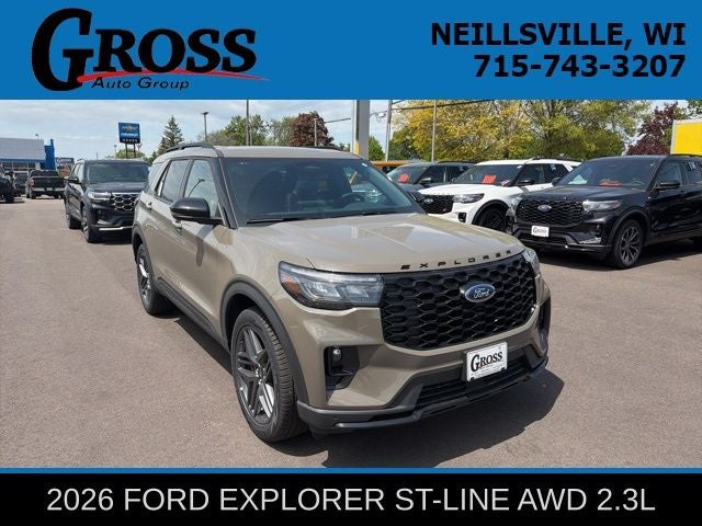 2026 Ford Explorer ST-Line in Marsh Gray — front three-quarter view
