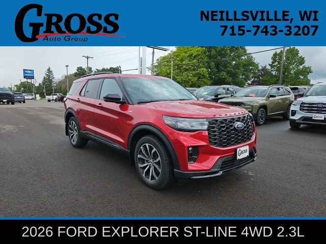 2026 Ford Explorer ST-Line in Rapid Red Metallic Tinted Clearcoat — front three-quarter view