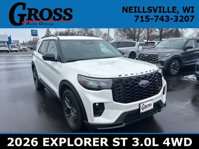 2026 Ford Explorer ST in Star White Metallic Tri-Coat — front three-quarter view